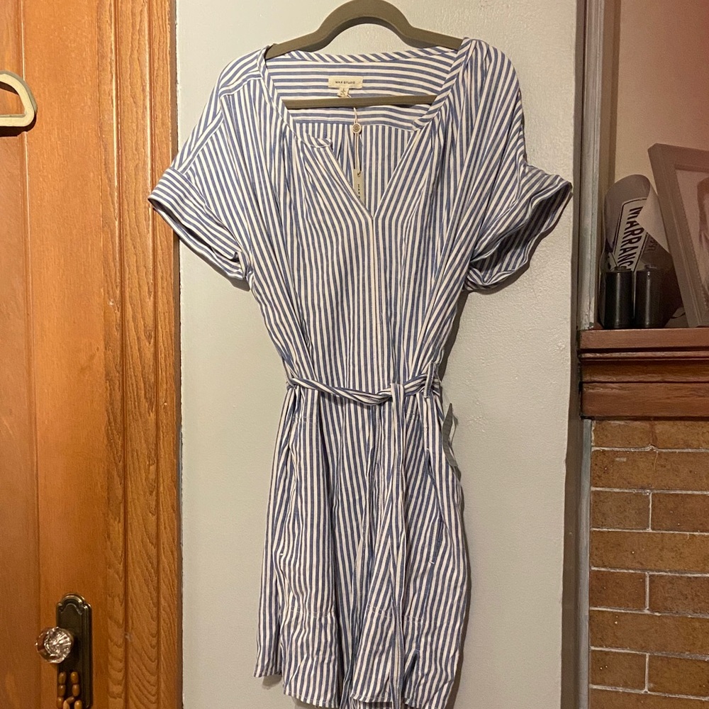 Max Studio Blue and White Striped shirt Dress size L NWT